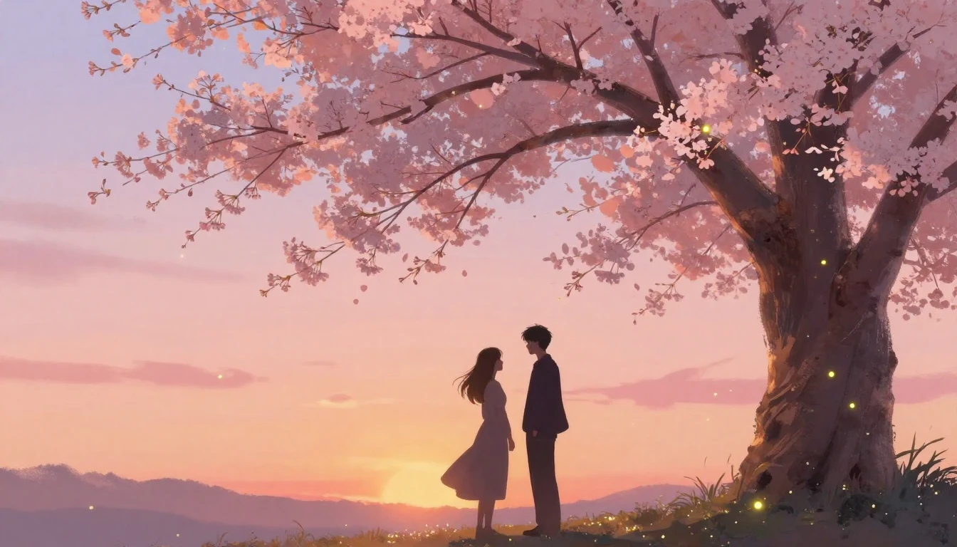 A romantic and ethereal scene of two silhouettes standing un...