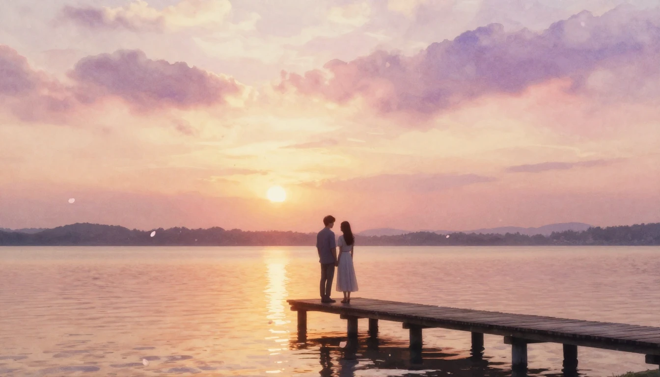 A romantic and ethereal scene featuring a couple standing on...