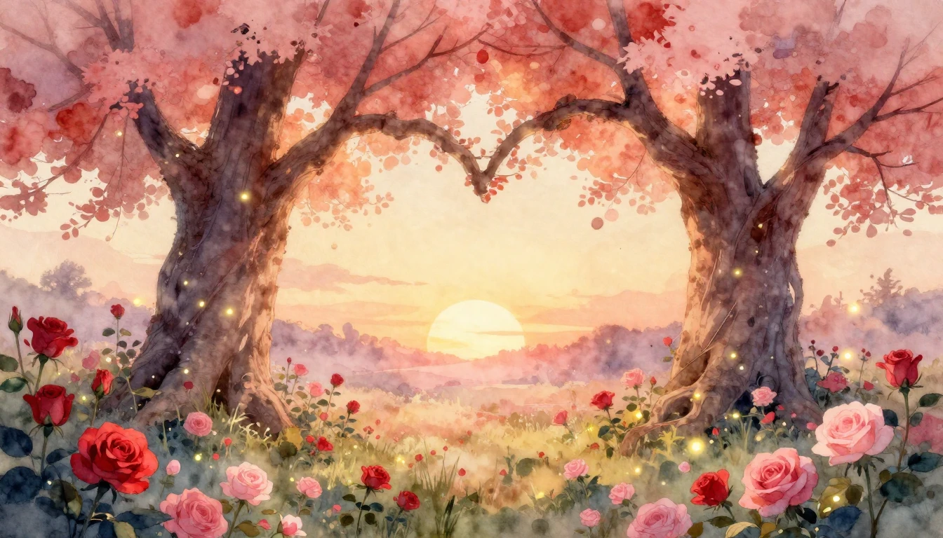 A romantic and dreamy watercolor painting featuring two larg...