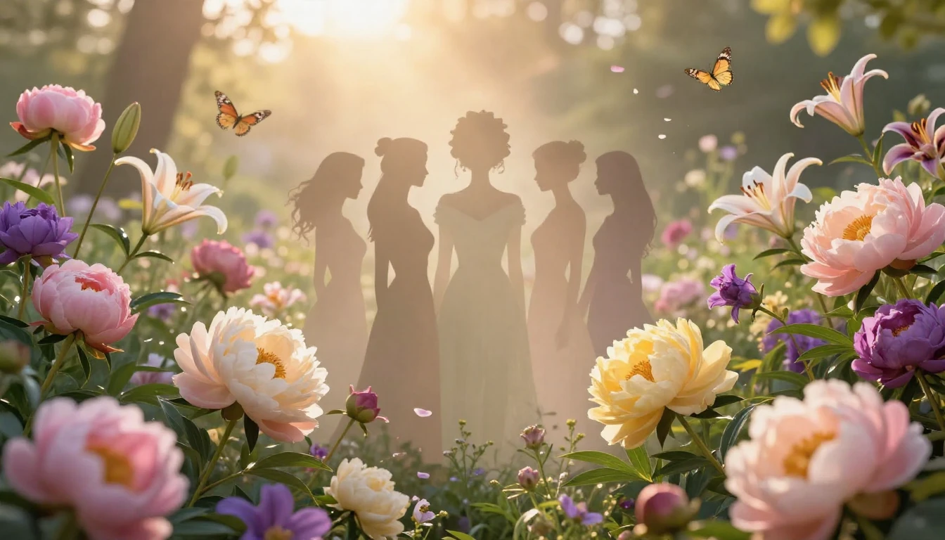 A breathtaking and vibrant garden filled with blooming peoni...