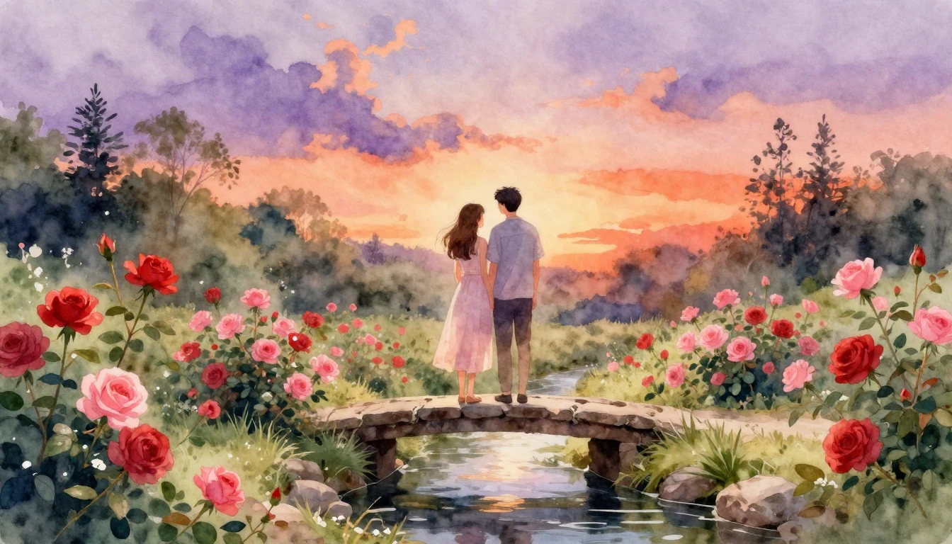 A dreamy watercolor illustration of a couple standing togeth...