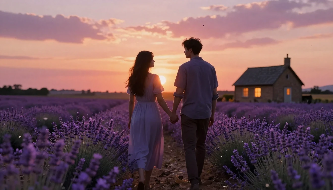 A dreamy and romantic scene depicting two silhouettes of a c...