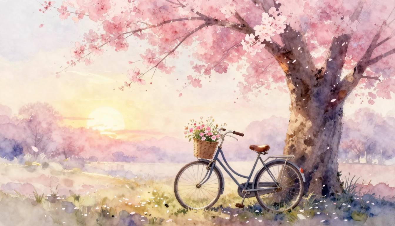 A soft, dreamy watercolor painting of two vintage bicycles l...