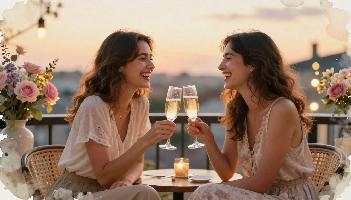 A warm and celebratory scene featuring two female best frien...