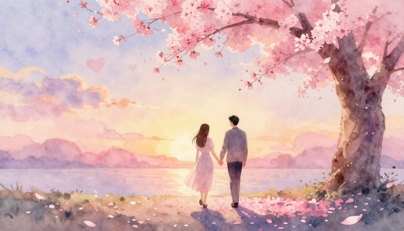 Soft watercolor painting of a loving couple holding hands, w...