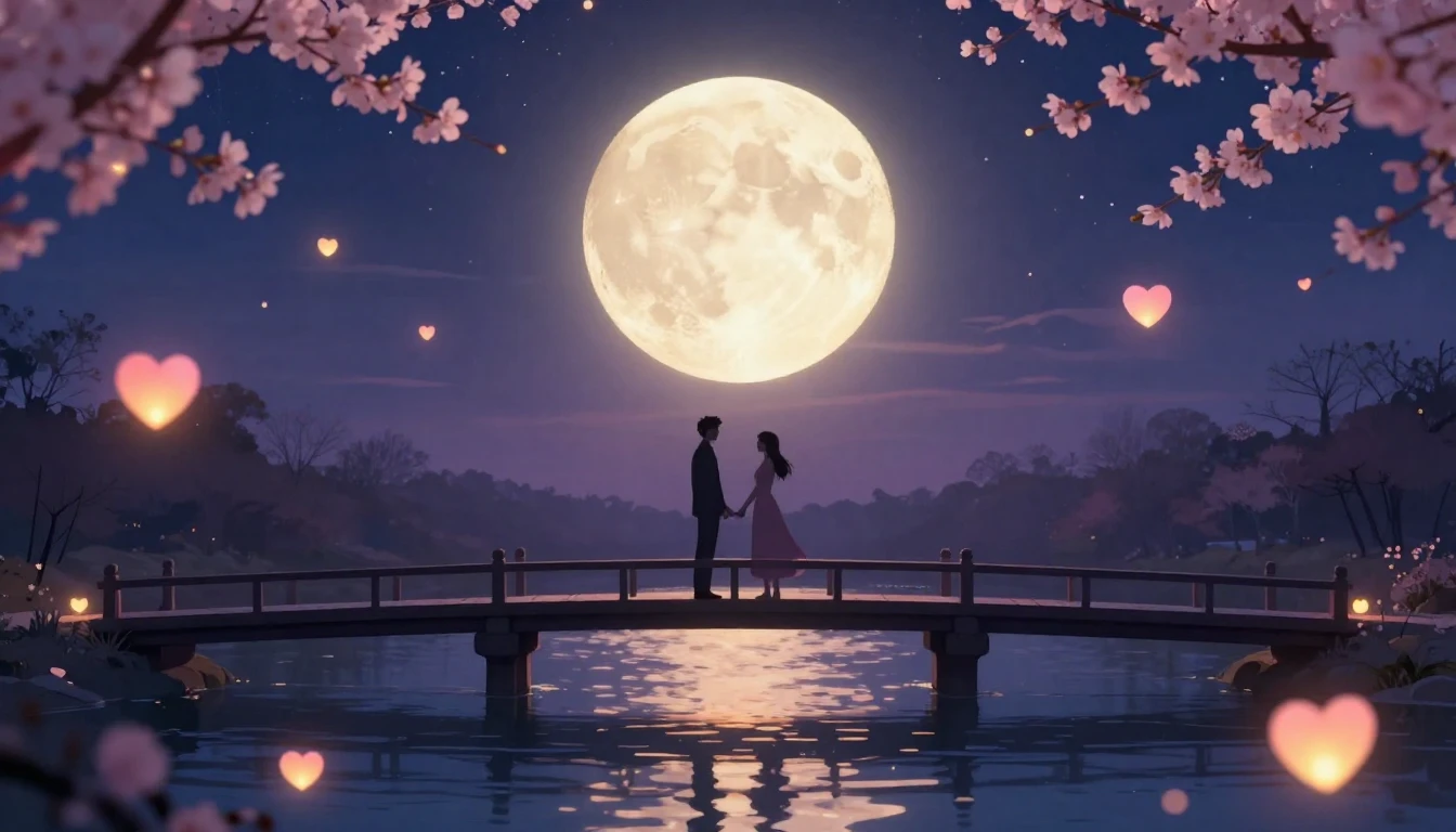 A romantic and dreamy scene depicting two silhouettes standi...
