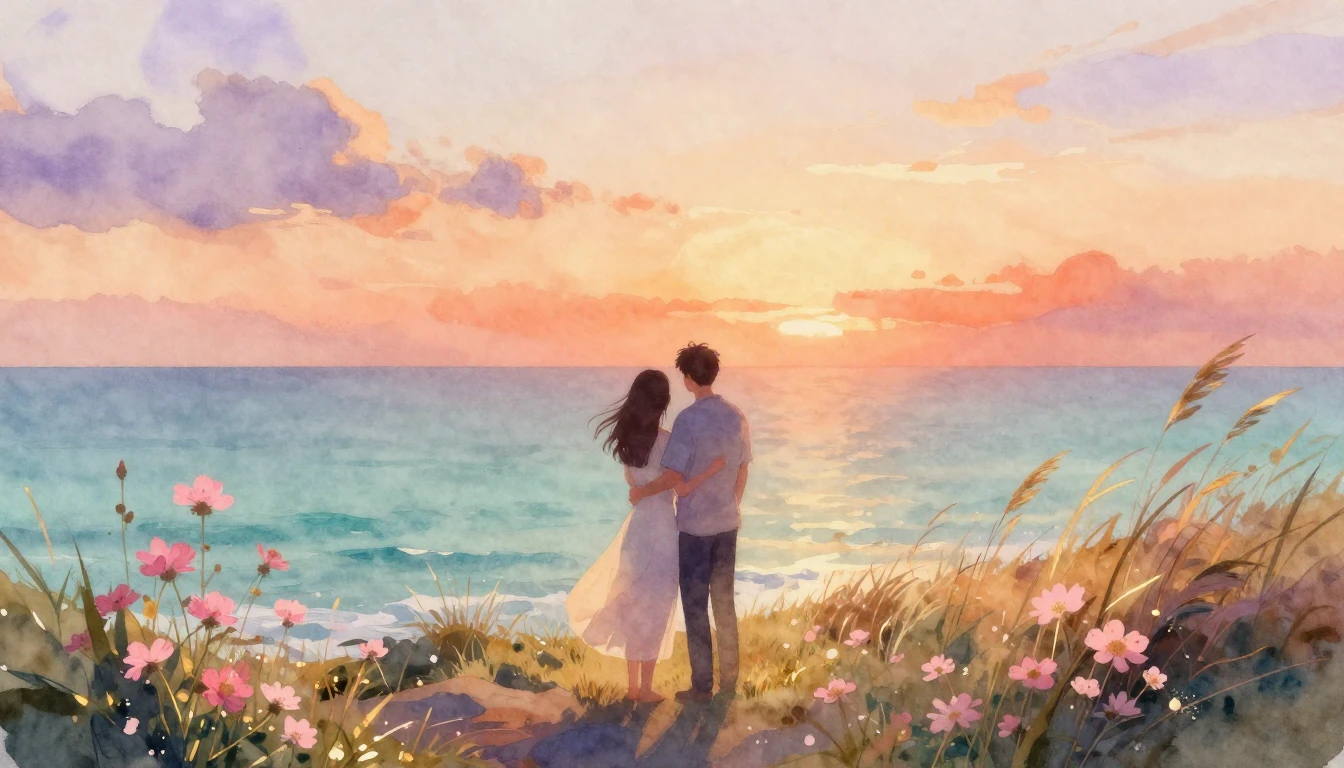 A dreamy watercolor painting of an intimate couple standing ...