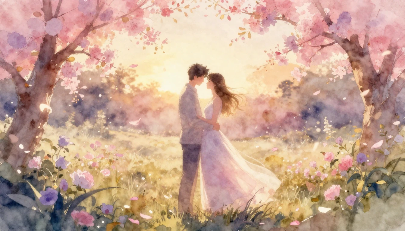 A romantic and ethereal watercolor painting of a couple stan...