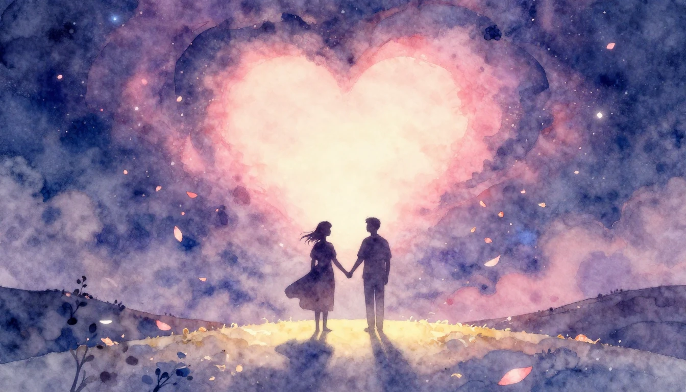 A soft and romantic watercolor painting depicting two styliz...