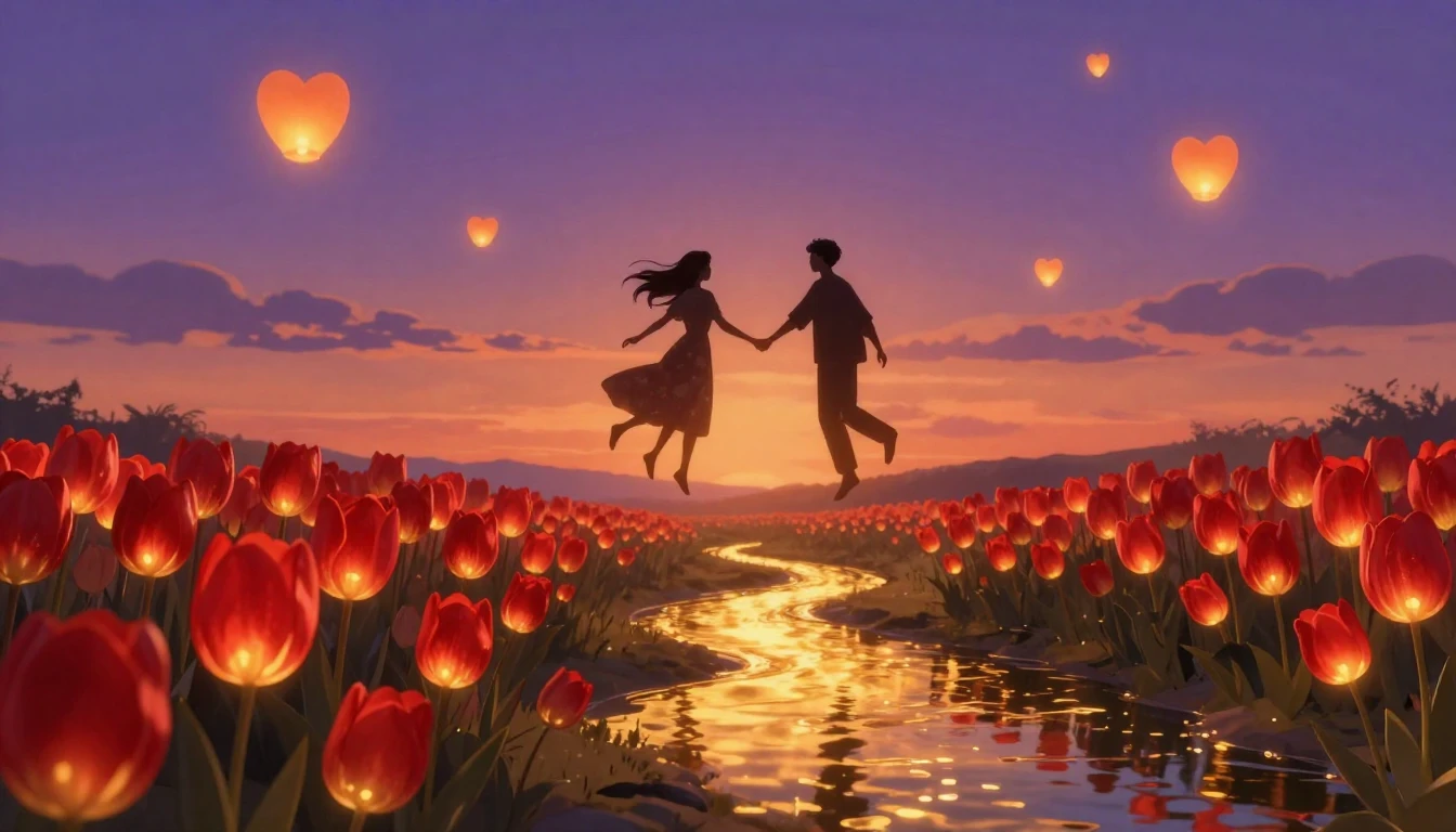 A romantic and surreal scene featuring two glowing silhouett...