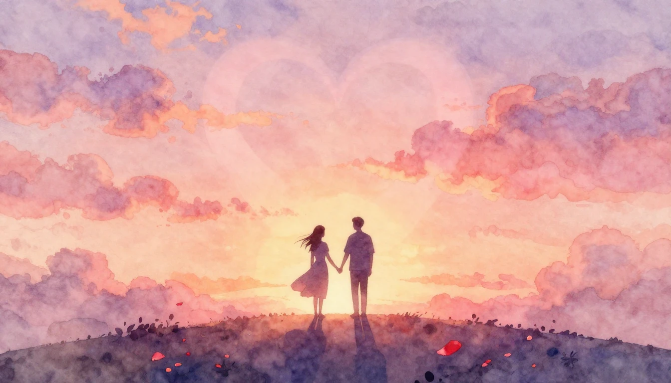 A soft, dreamy watercolor painting depicting two silhouetted...