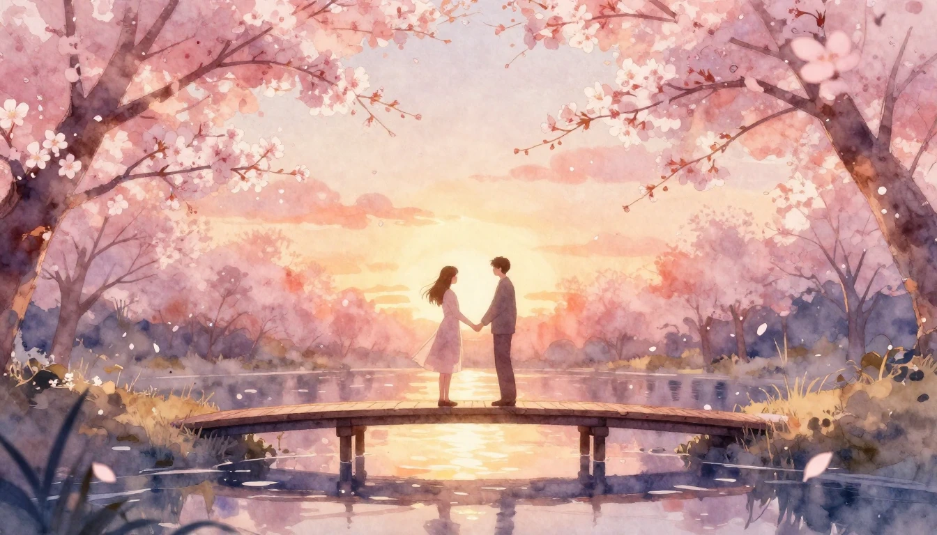 A dreamy and romantic scene in a soft watercolor style. Two ...