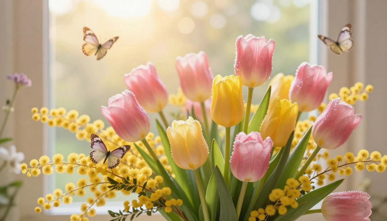 A vibrant and ethereal composition featuring a lush bouquet ...