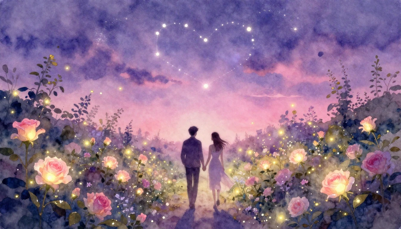 Soft and dreamy watercolor painting depicting a romantic gar...