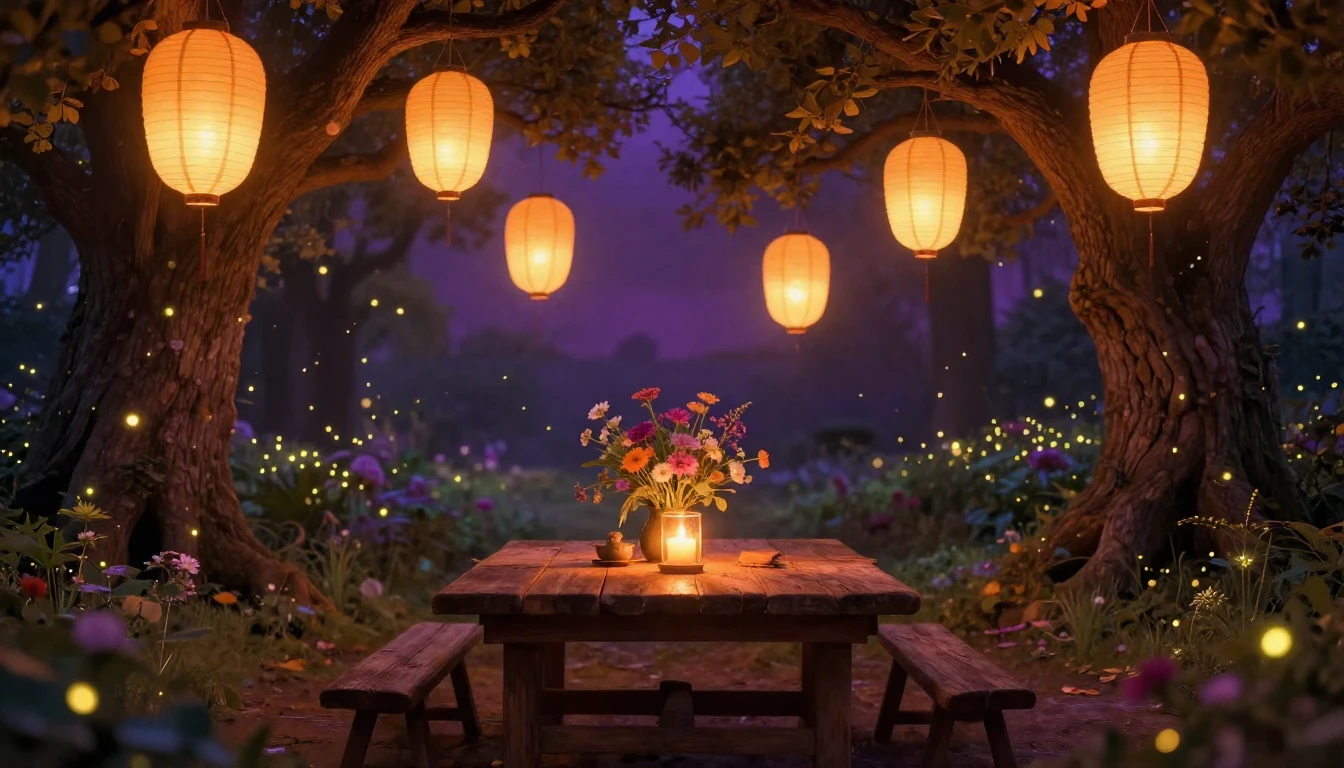 A magical garden at twilight filled with glowing golden pape...