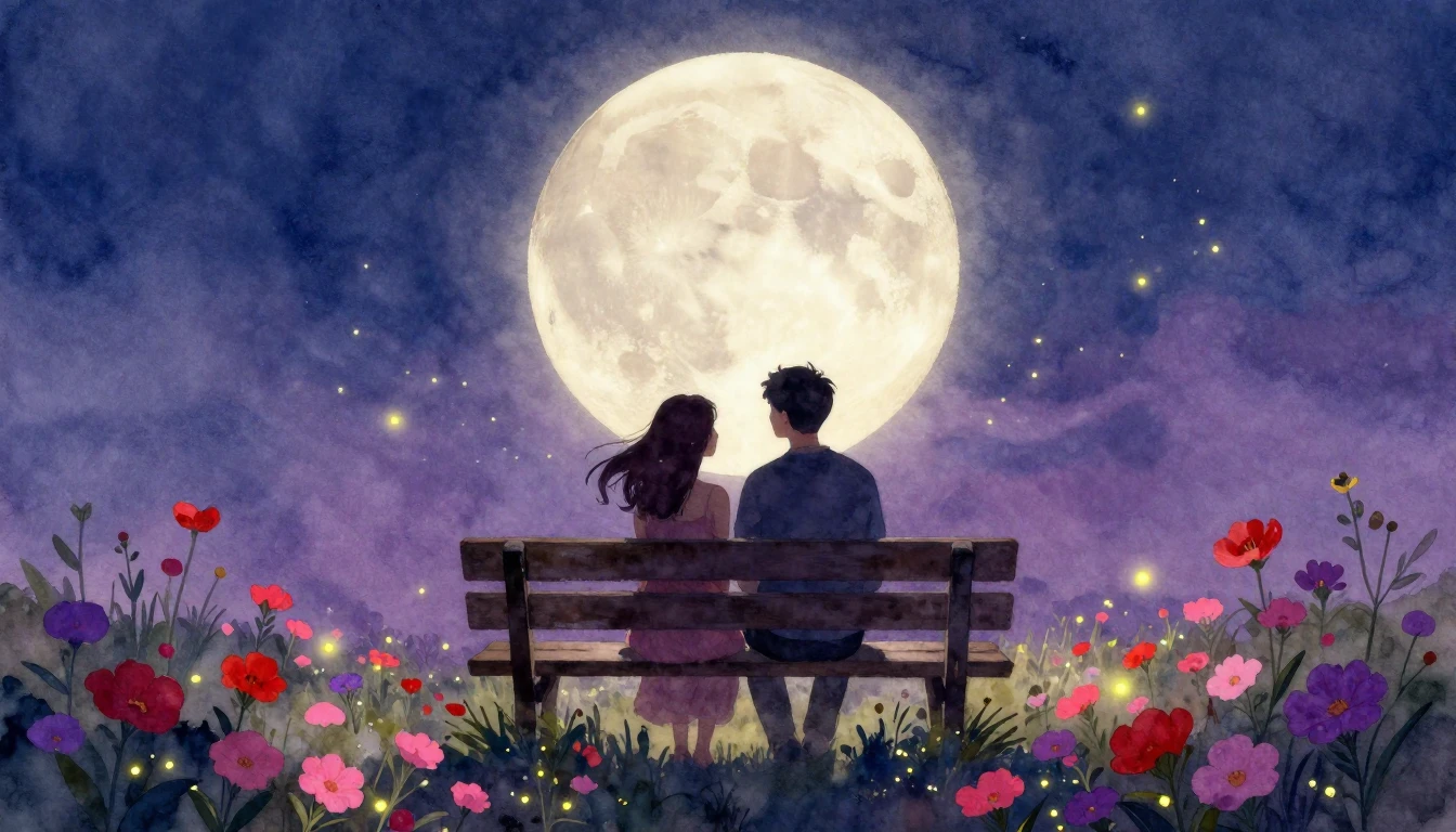 A romantic and dreamy watercolor painting depicting two silh...