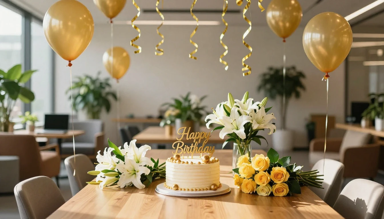 A vibrant and celebratory scene in a modern, sunlit office l...