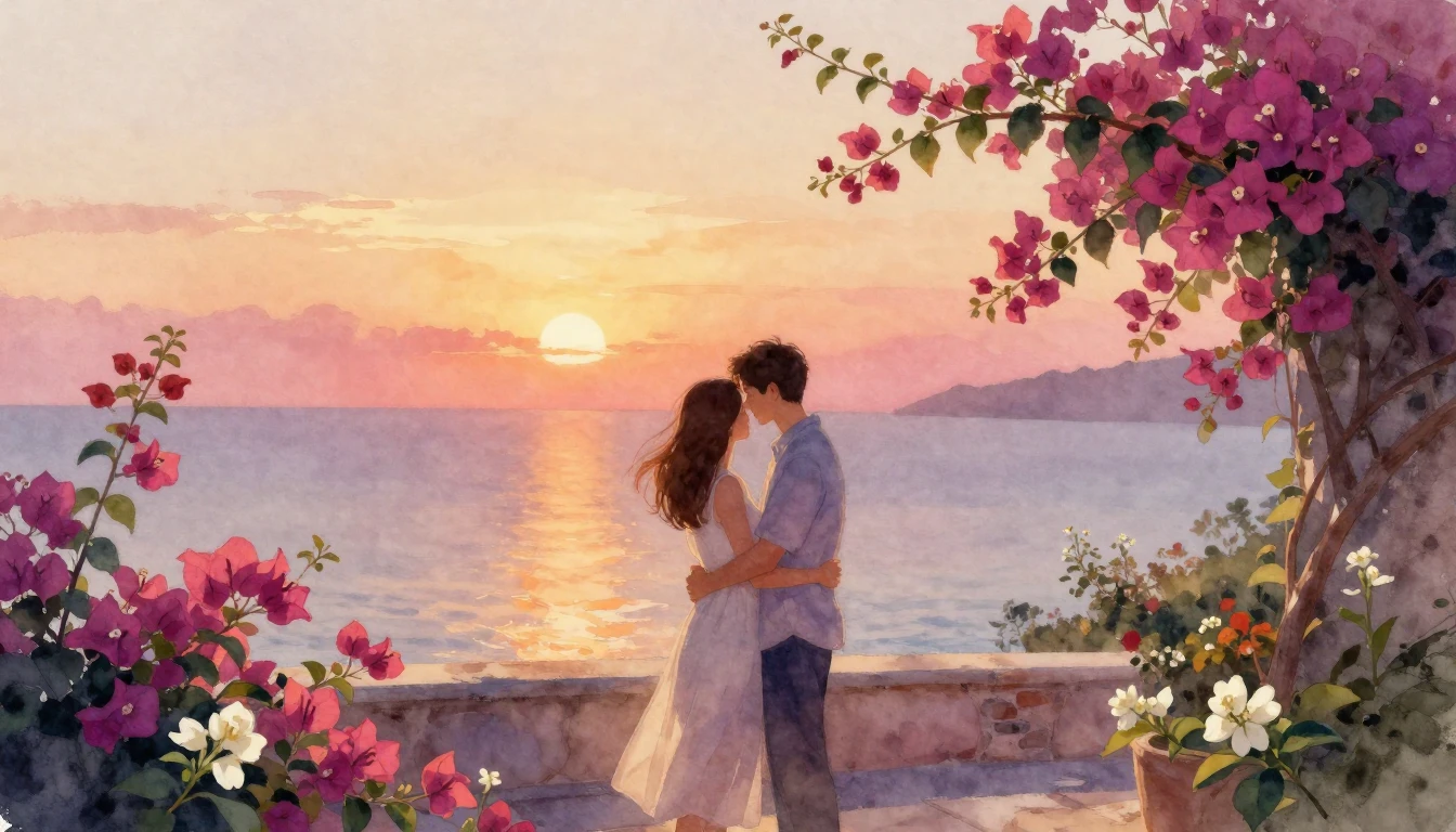 A breathtakingly romantic watercolor painting of a couple st...