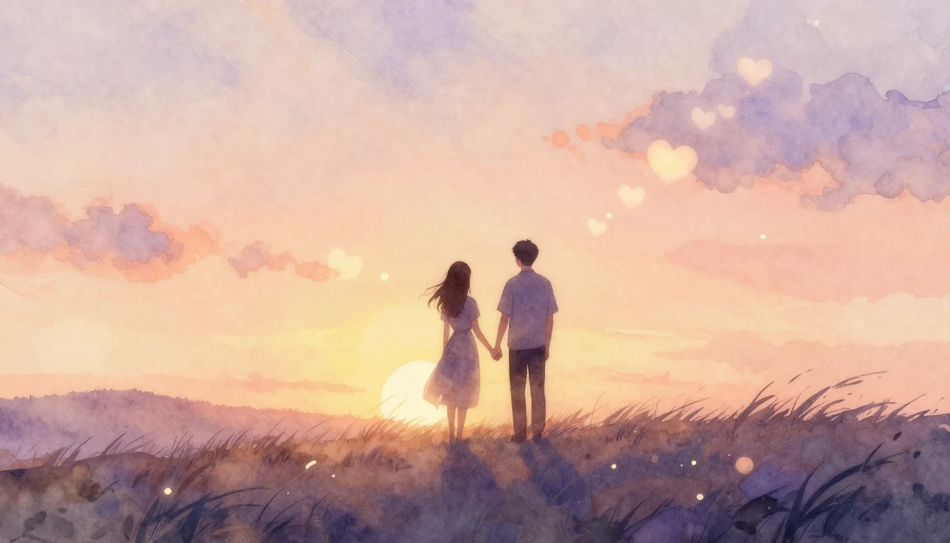 A delicate watercolor painting capturing a romantic sunset s...