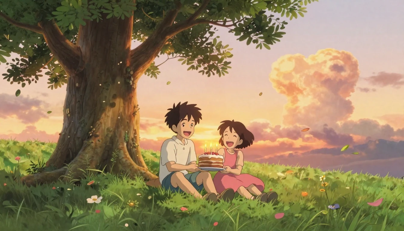 A heartwarming scene in the style of Studio Ghibli. Two clos...