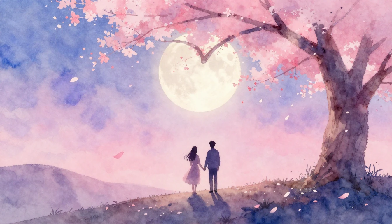 A soft and dreamy watercolor painting depicting a romantic s...