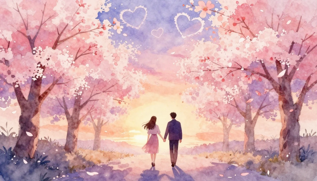 A romantic and soft watercolor painting depicting two silhou...