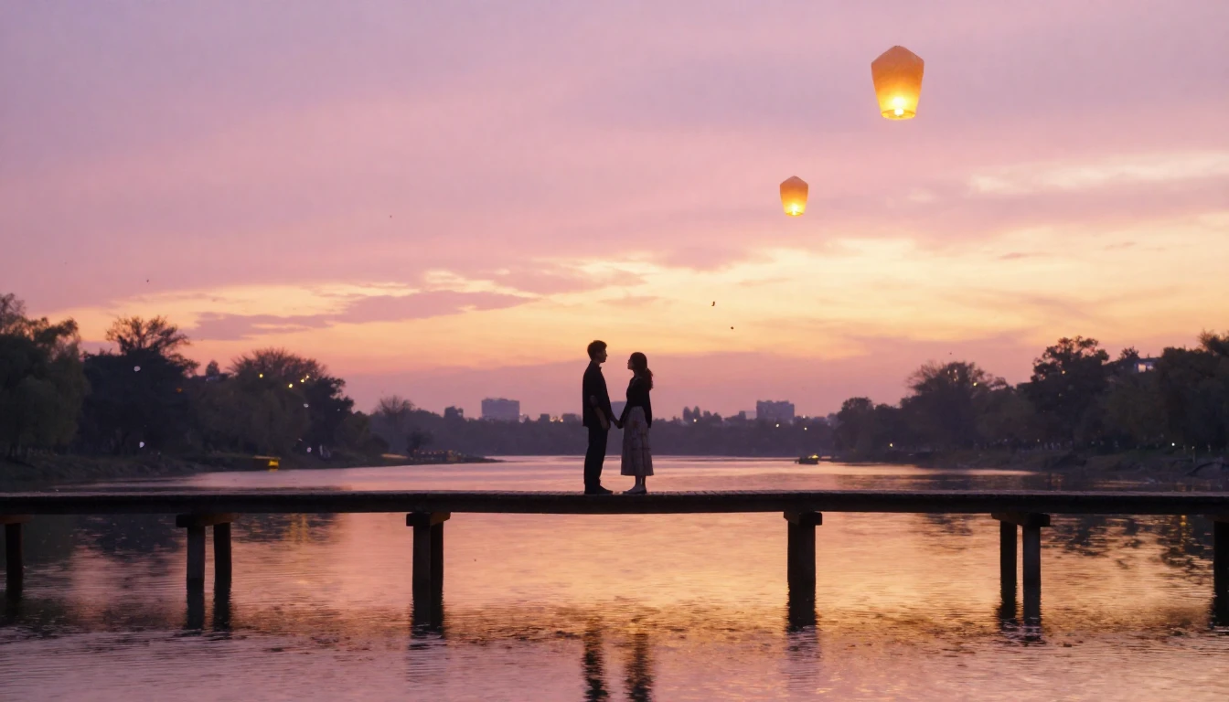 A romantic and ethereal scene featuring two silhouettes stan...