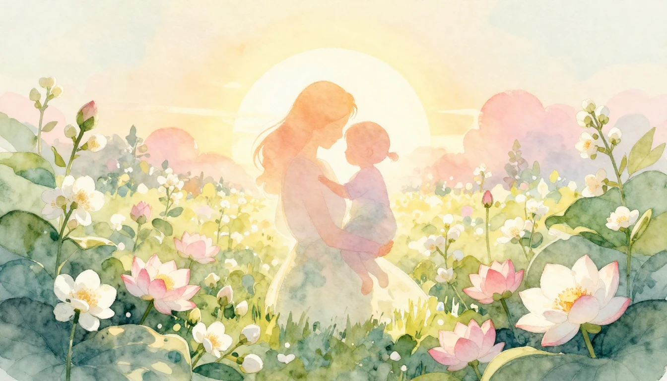 A heartwarming watercolor painting depicting a soft, glowing...