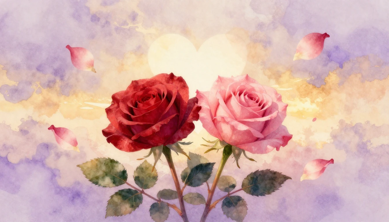 A soft and dreamy watercolor composition featuring two inter...