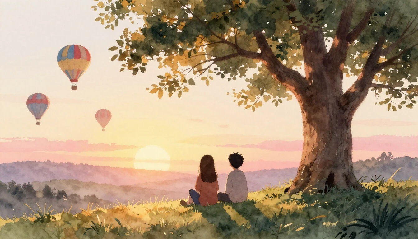 A heartwarming watercolor illustration depicting a serene la...
