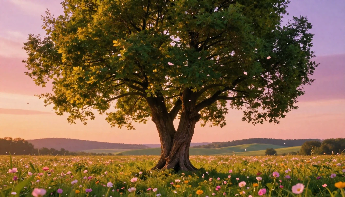 Two majestic trees with their trunks gently intertwined, sym...