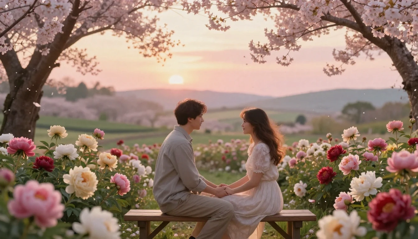 A romantic scene featuring a couple sitting on a wooden benc...