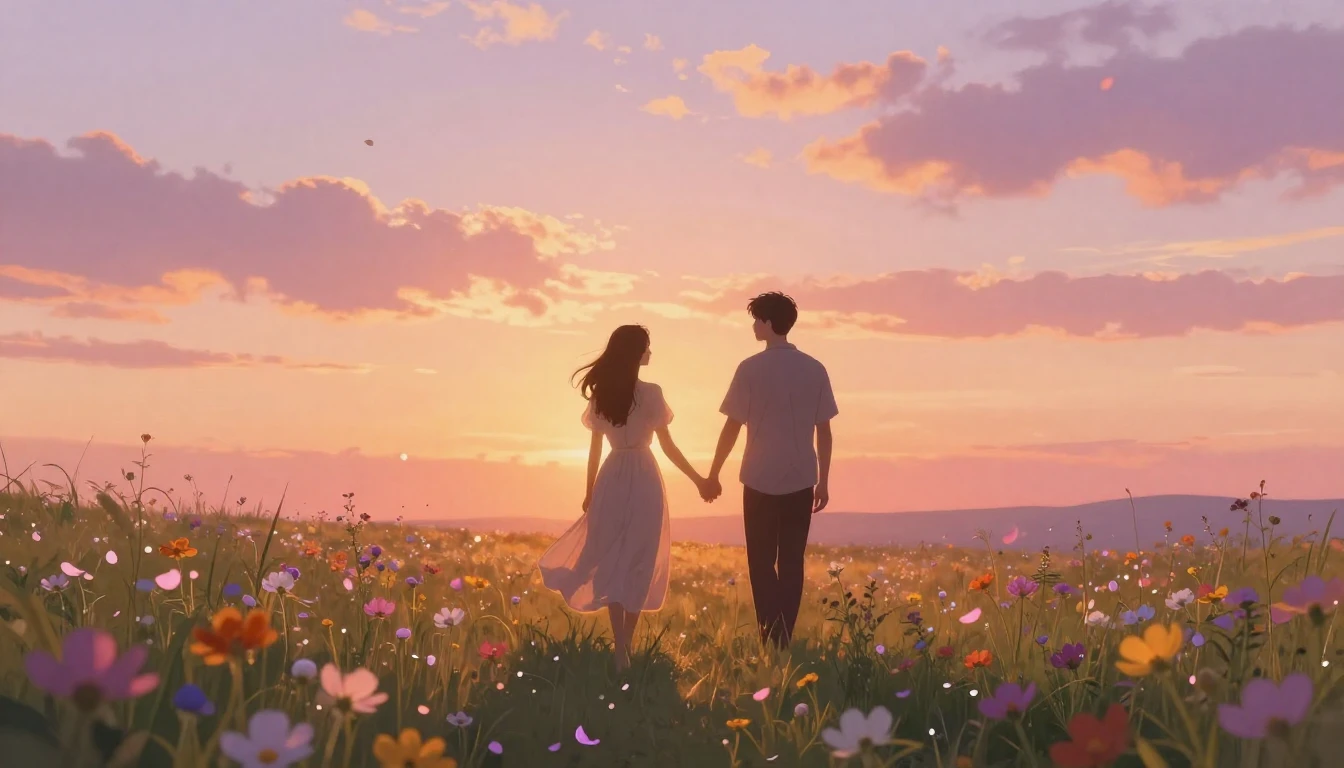 A romantic and serene landscape featuring two silhouettes wa...