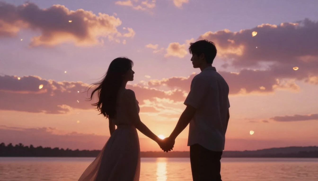 A romantic and ethereal scene featuring two stylized silhoue...