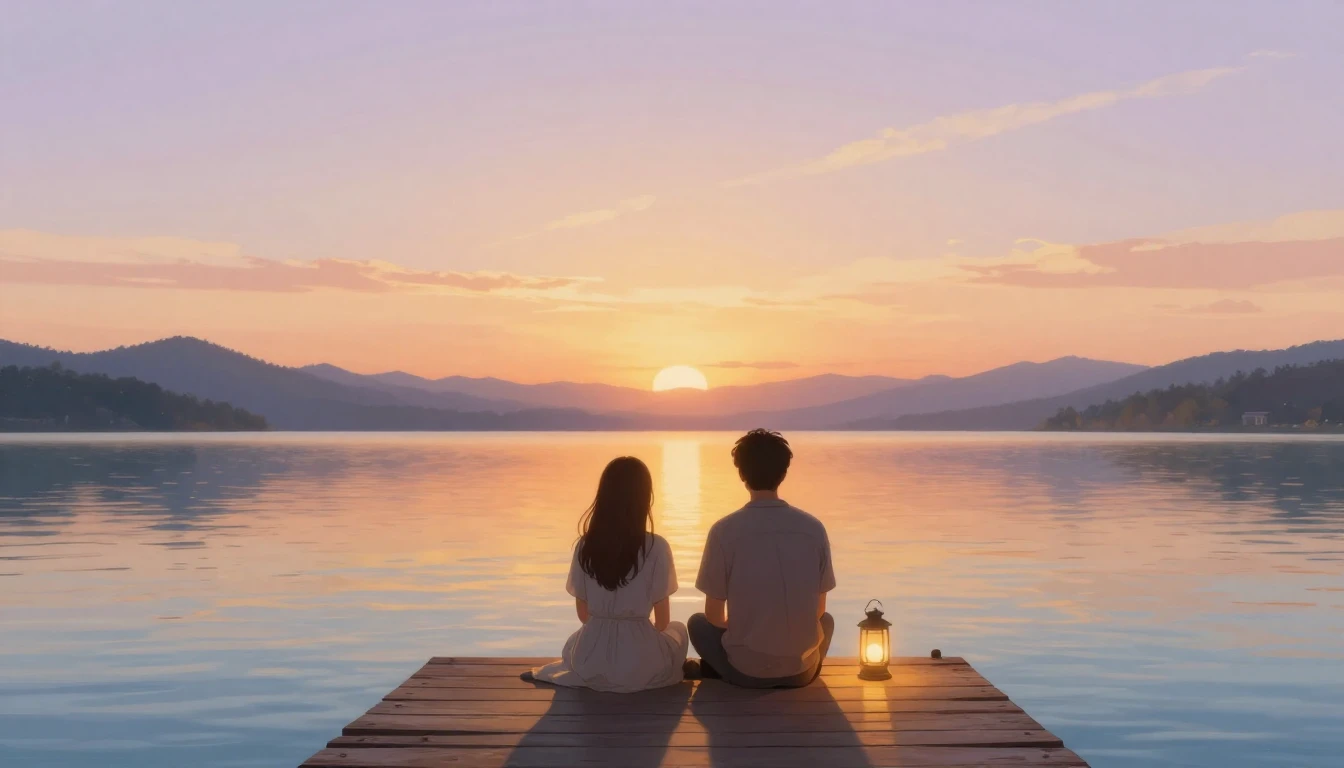 Two close friends sitting side-by-side on a wooden pier over...