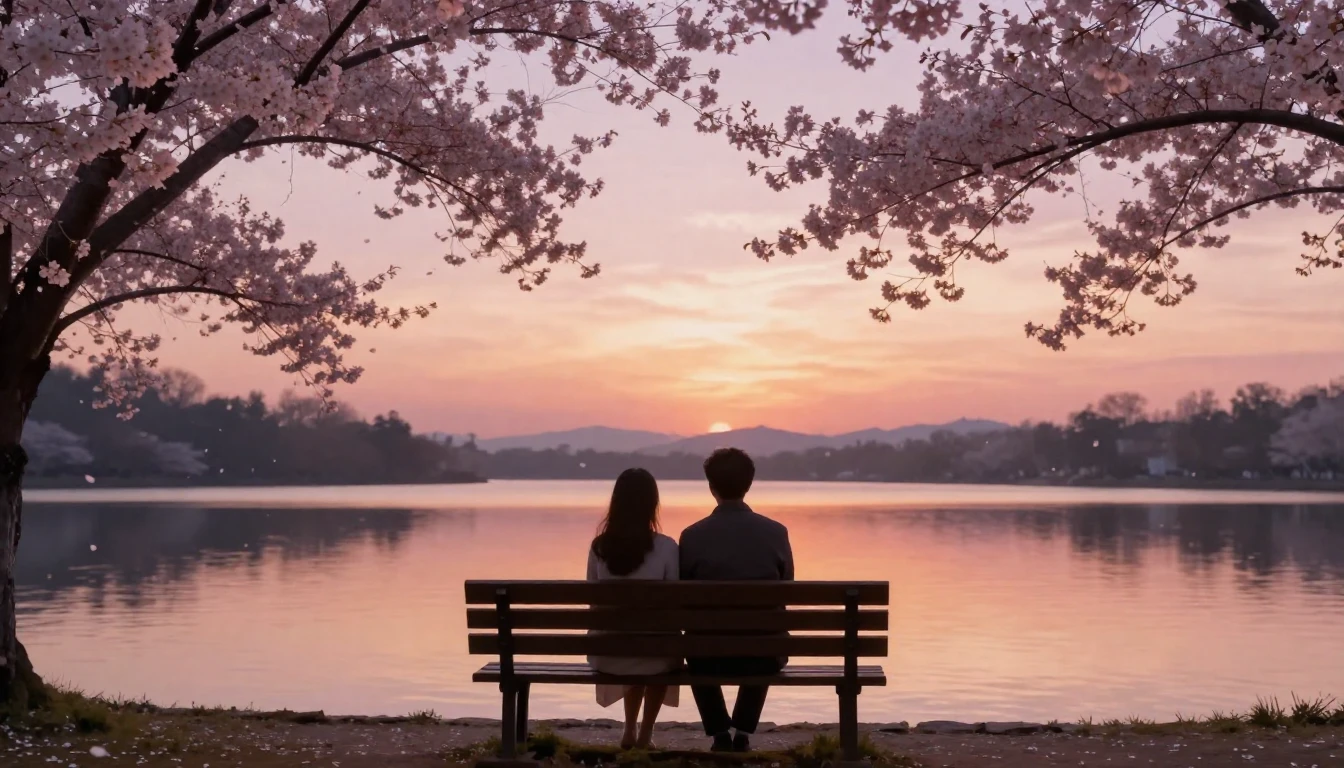 A dreamy and romantic scene depicting two soft silhouettes s...