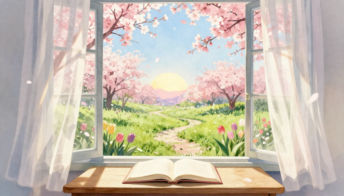 A beautiful watercolor painting depicting a wide open window...