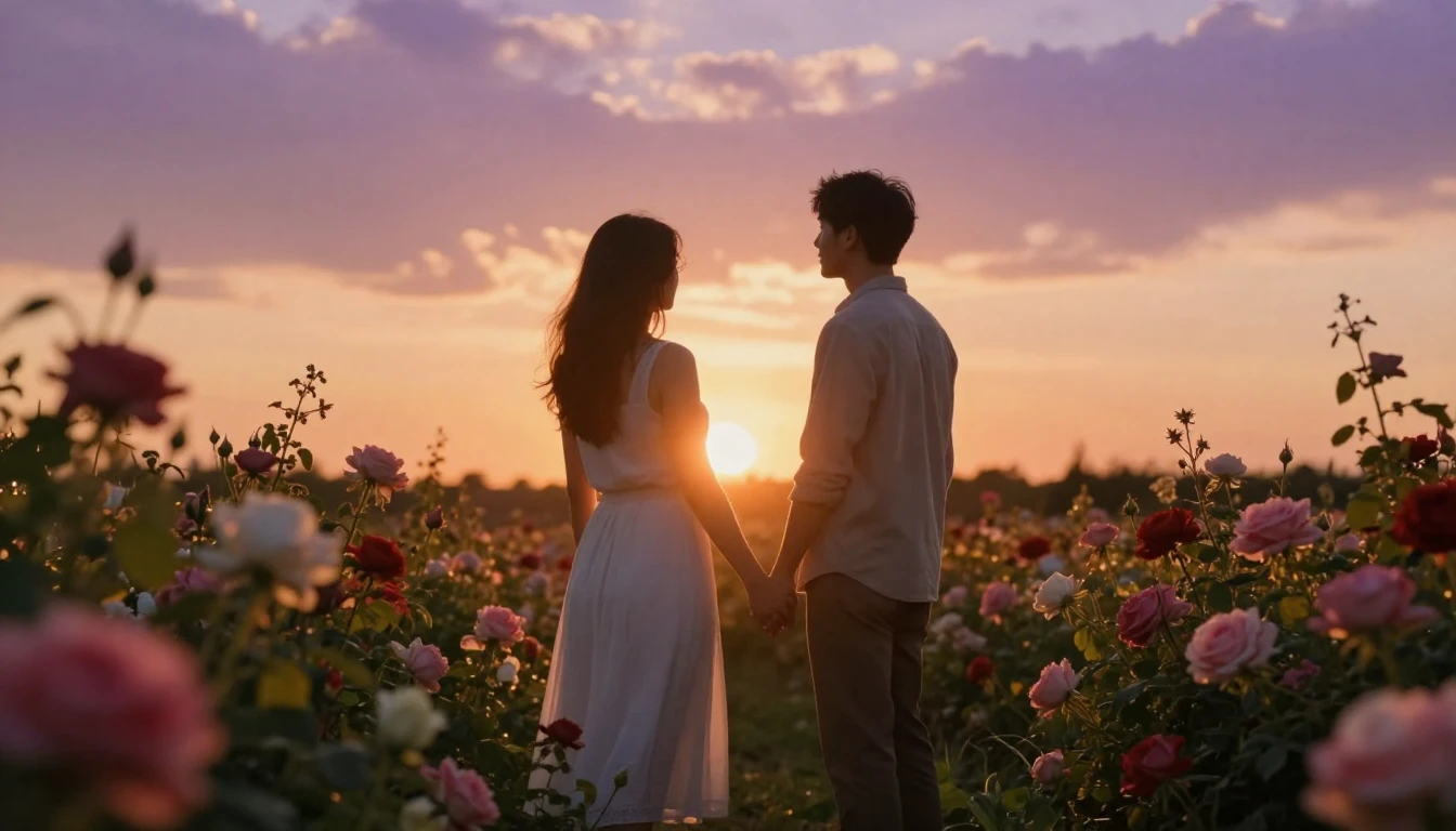 A romantic and serene scene featuring a couple standing toge...