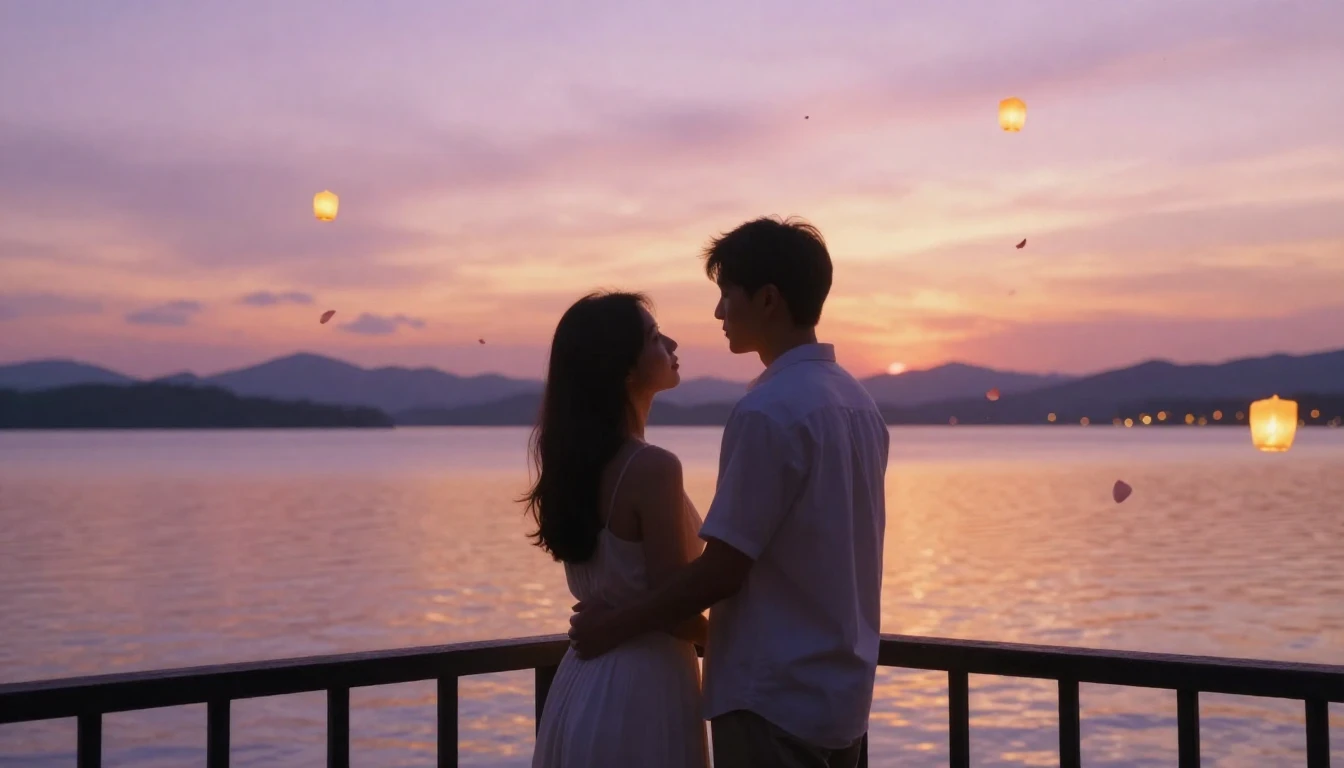 A romantic and dreamy scene of two lovers standing on a balc...