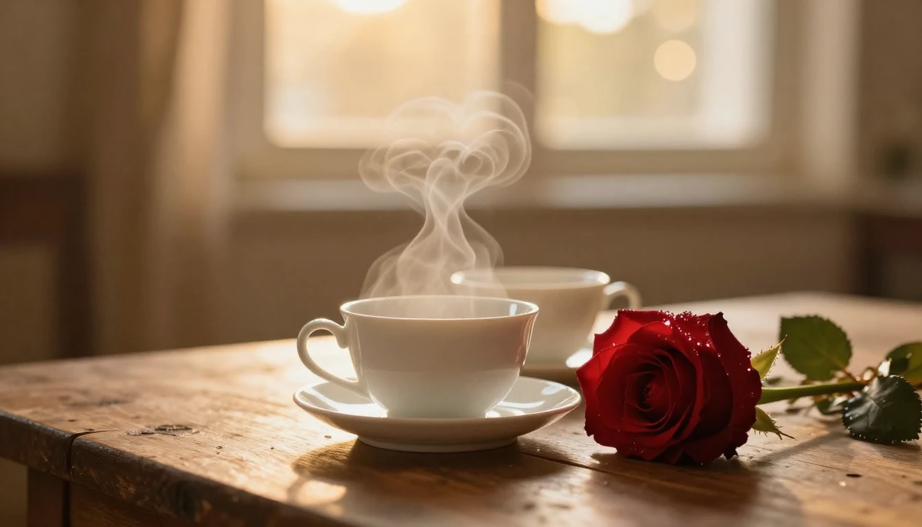 A romantic and cozy scene featuring two delicate porcelain c...