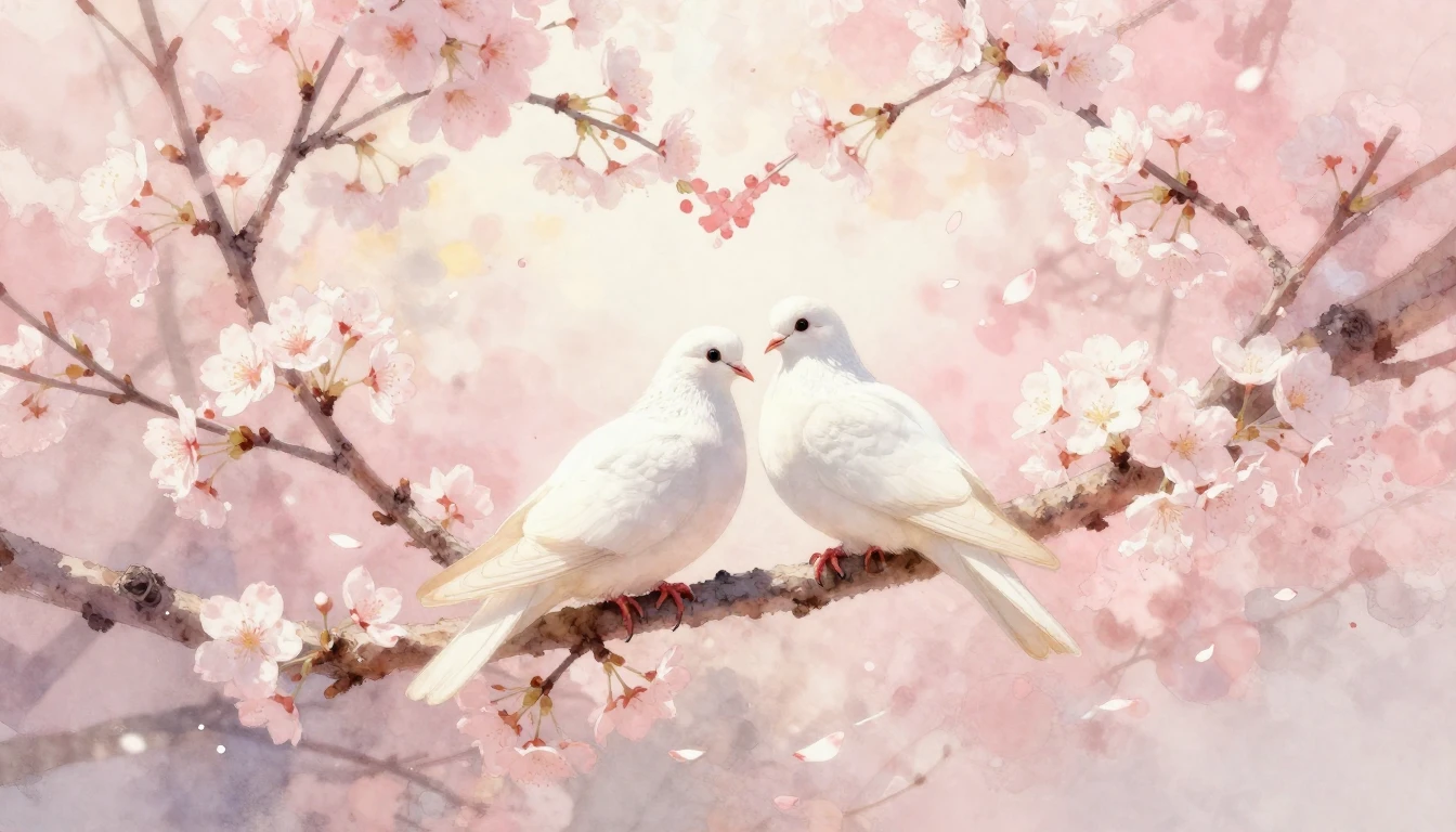 A soft and dreamy watercolor painting depicting two white do...