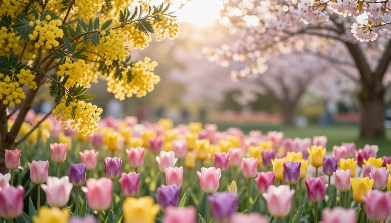 A breathtaking spring garden filled with blooming tulips, de...