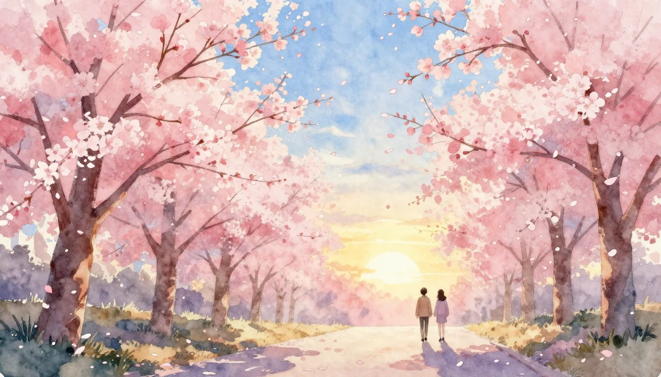 Soft watercolor painting style. A nostalgic and hopeful spri...
