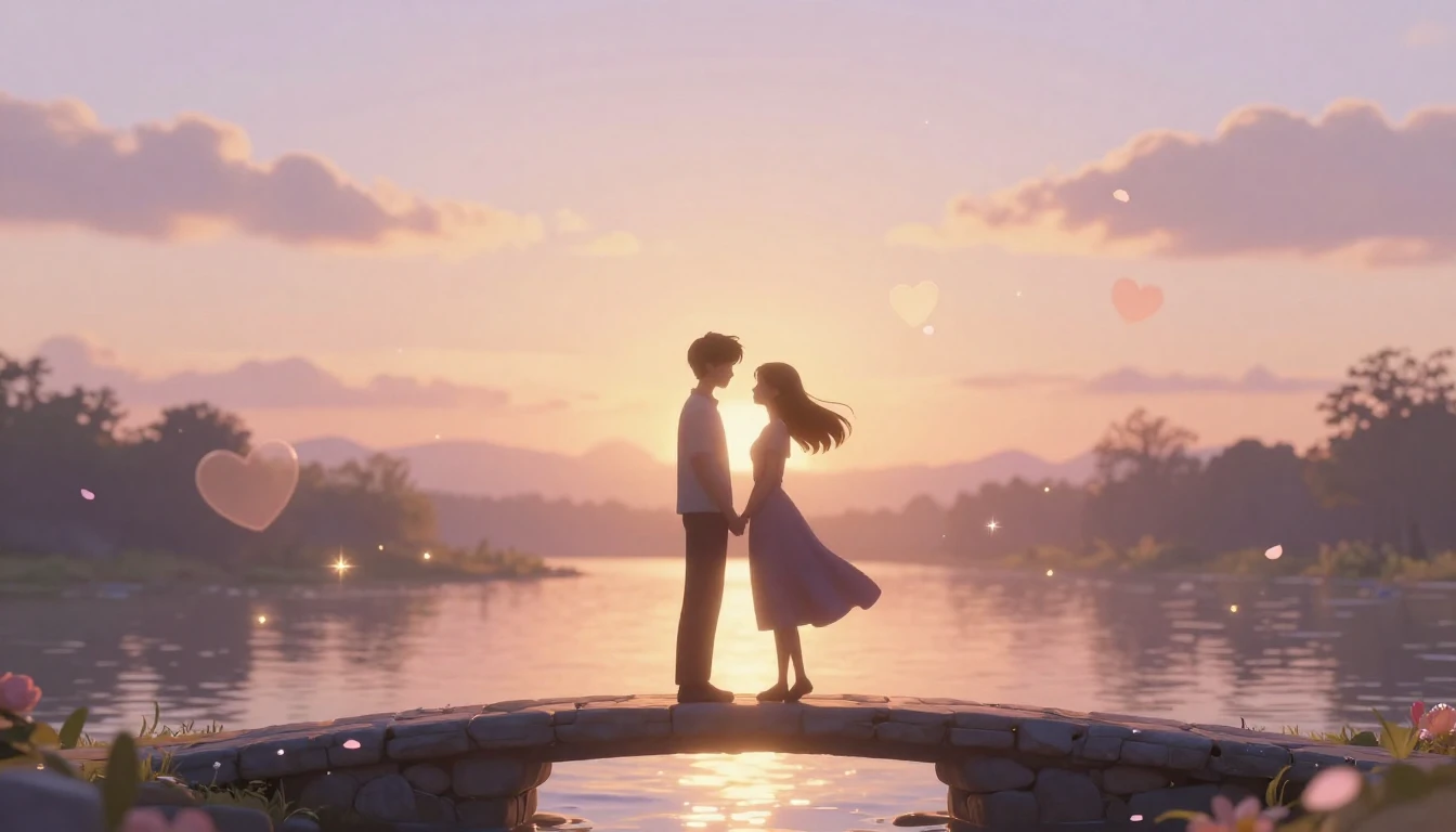 A romantic and dreamy scene featuring two stylized silhouett...