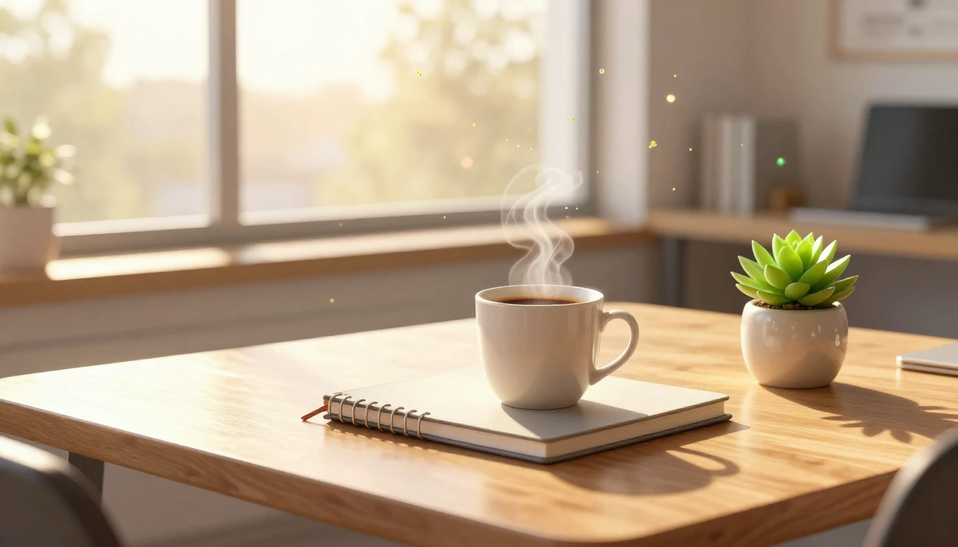 A warm and inviting modern office desk scene at sunrise. On ...