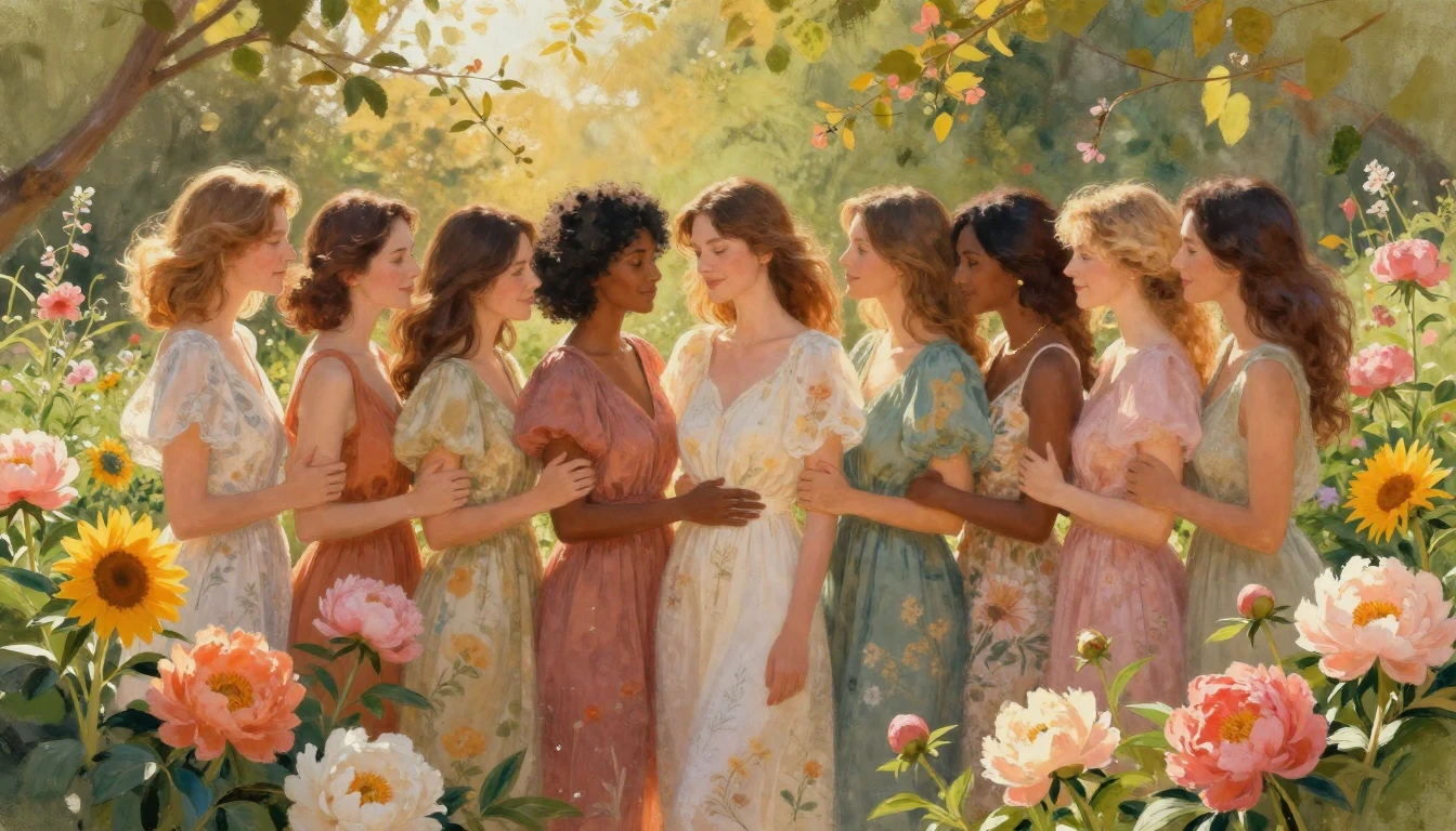 A beautiful and vibrant scene celebrating womanhood. A diver...