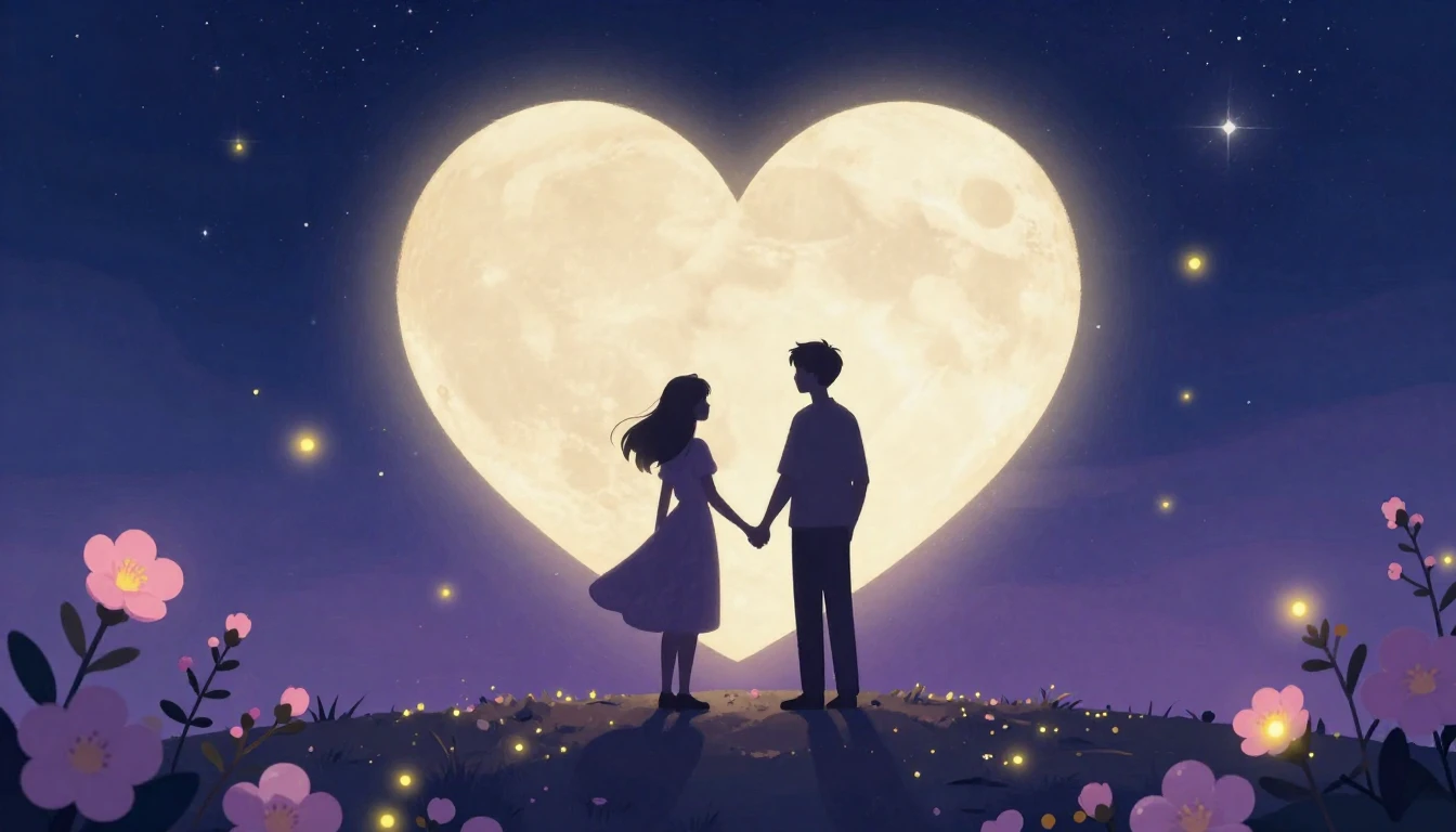 A romantic and dreamy illustration depicting a silhouette of...