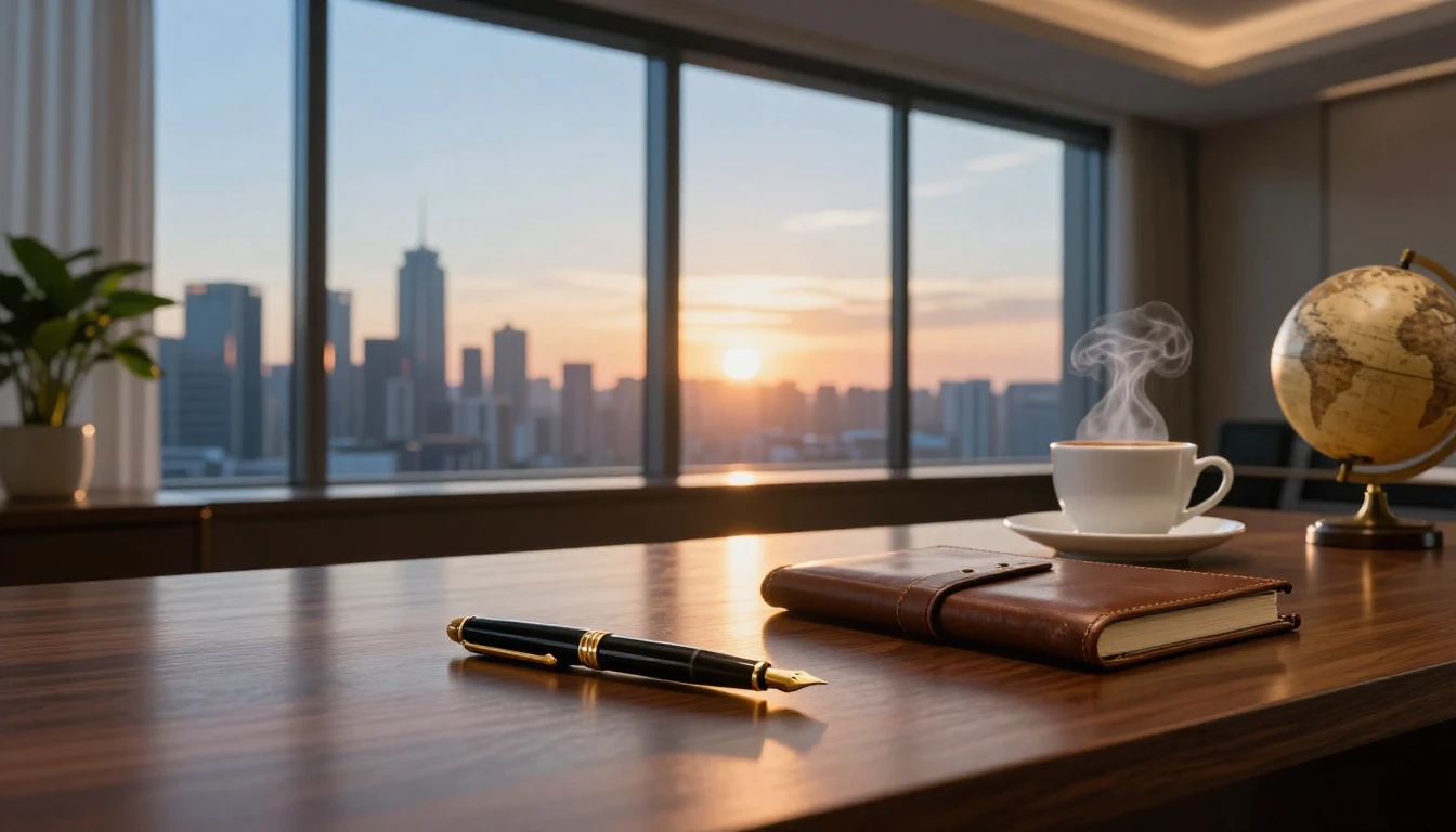 A sophisticated and elegant office workspace with a large ma...