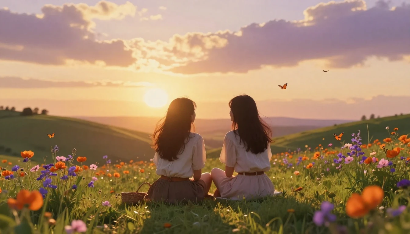 A heartwarming scene of two best friends sitting on a lush g...