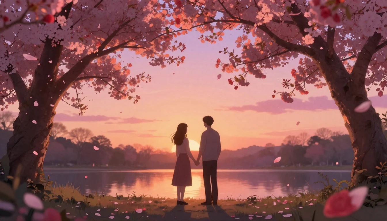 A romantic and cozy scene in a dreamy garden at golden hour....